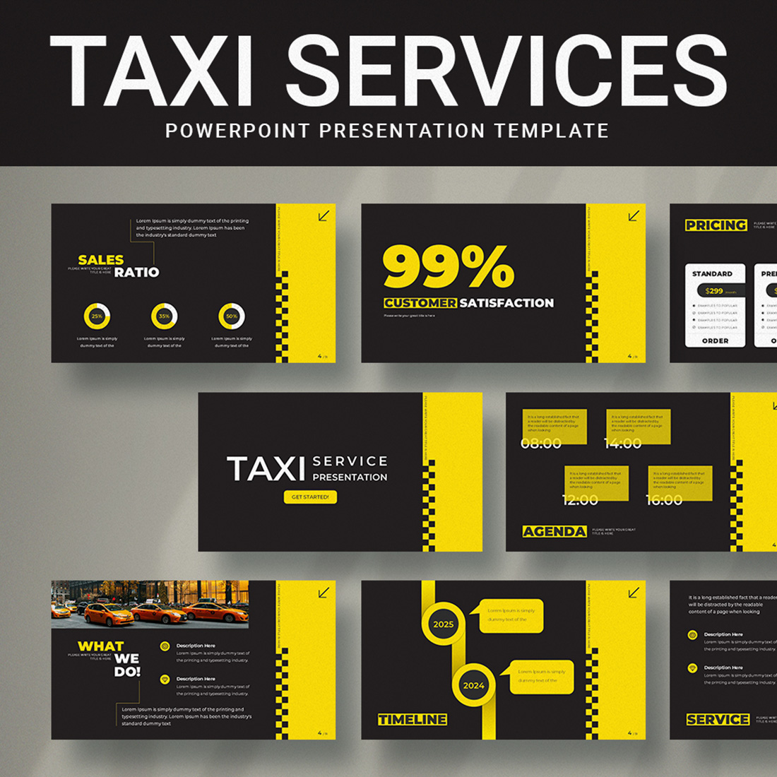 Taxi Services PowerPoint presentation templates cover image.