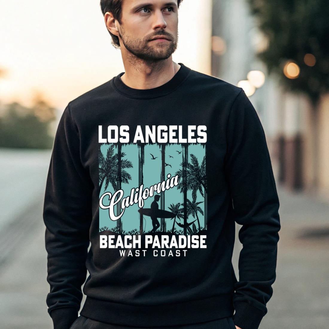 los angeles california beach paradise t shirt design with surfer silhouette and palm trees. summer beach t shirt design. 4 black male sweatshirt mock up 659