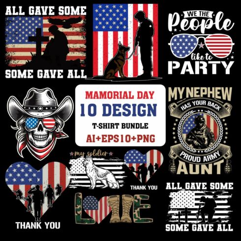 10 print ready Patriotic & Military Tribute Design Collection t shirt Bundle eps10 ai png cover image.