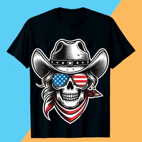 Patriotic Cowboy Skull with American Flag Sunglasses T shirt Best Memorial Day Design t-shirt PNG cover image.