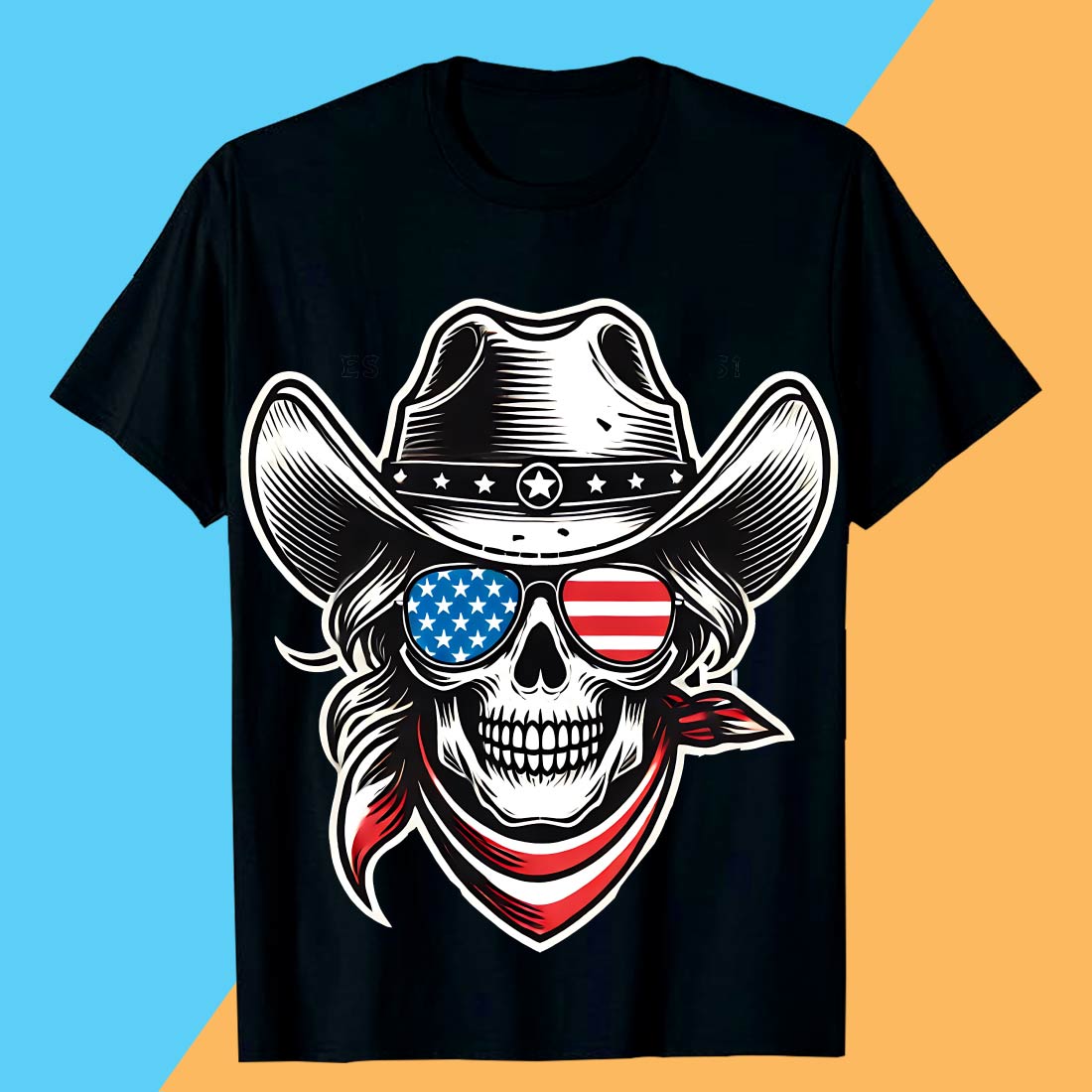 Patriotic Cowboy Skull with American Flag Sunglasses T shirt Best Memorial Day Design t-shirt PNG preview image.