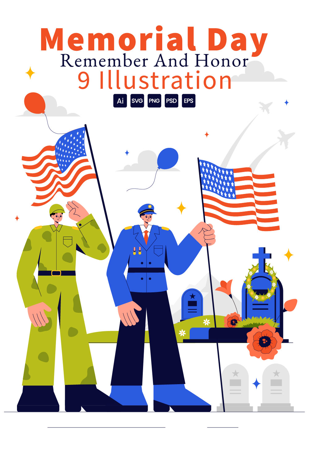 9 Patriotic Memorial Day Illustration pinterest preview image.