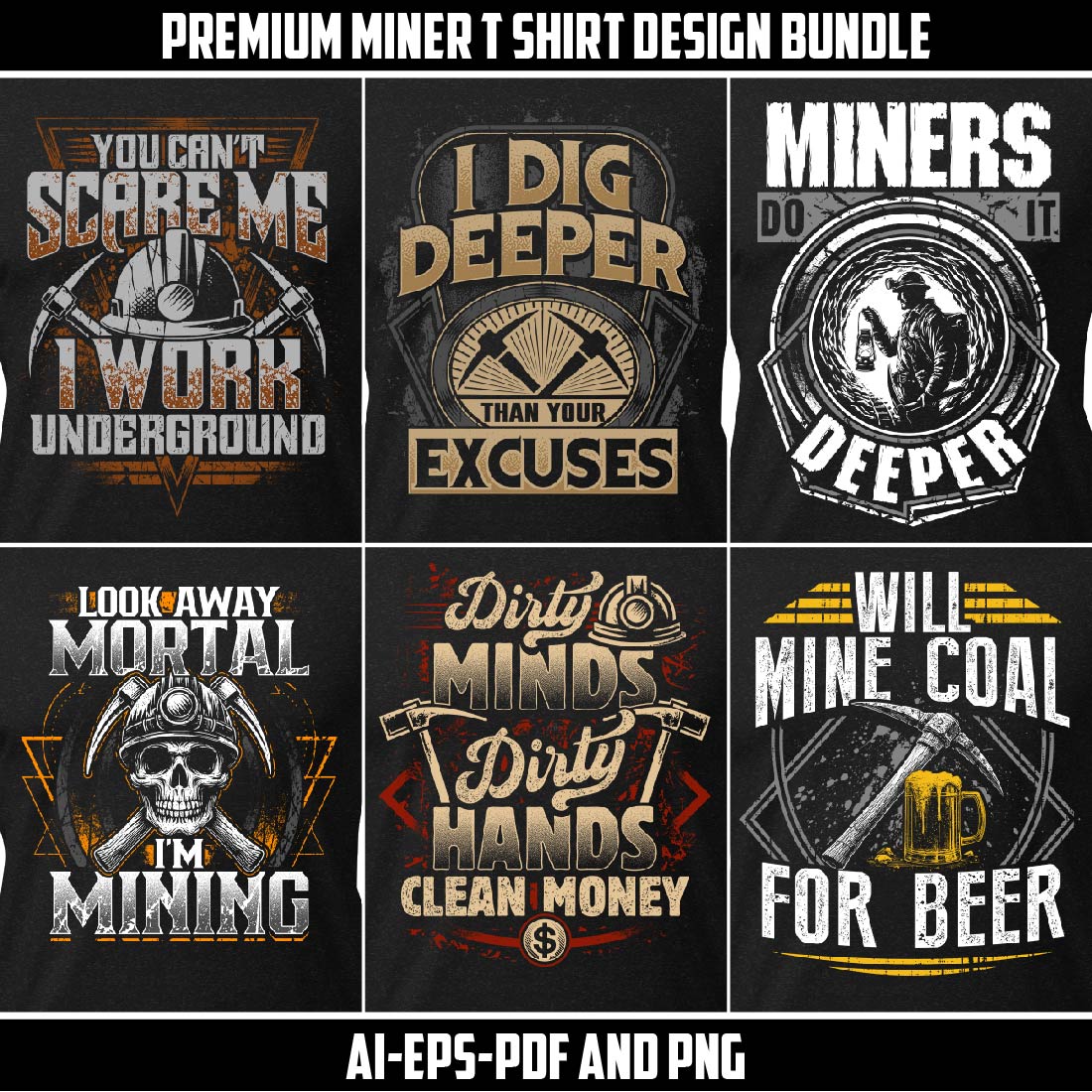 Premium miner t shirt design bundle cover image.