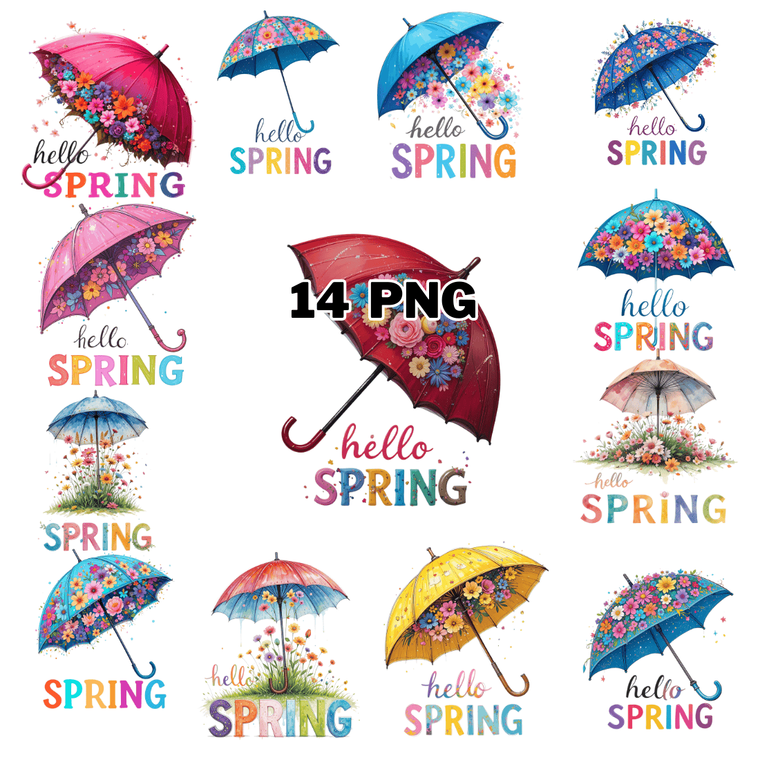 Watercolor Spring Umbrella Sublimation Clipart Bundle cover image.