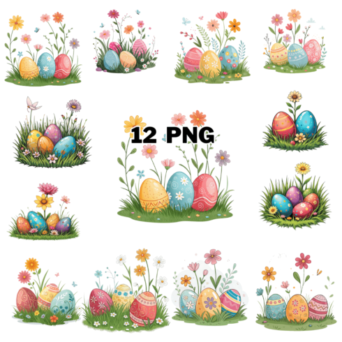 Colorful Eggs and Flower on Grass Sublimation Clipart Bundle cover image.