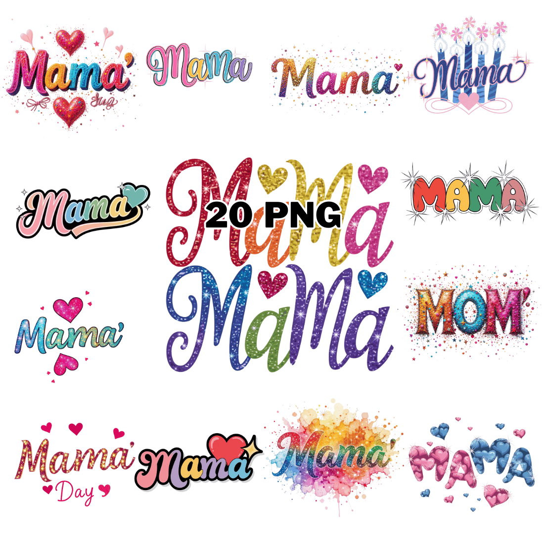 Colorful "Mama" Typography Sublimation Clipart Bundle cover image.