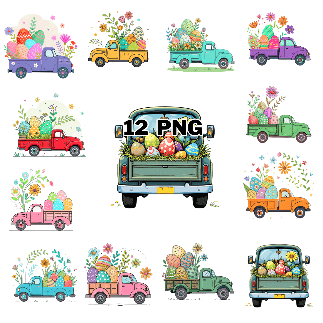 Colorful Eggs and Flower in a Truck Sublimation Clipart Bundle cover image.