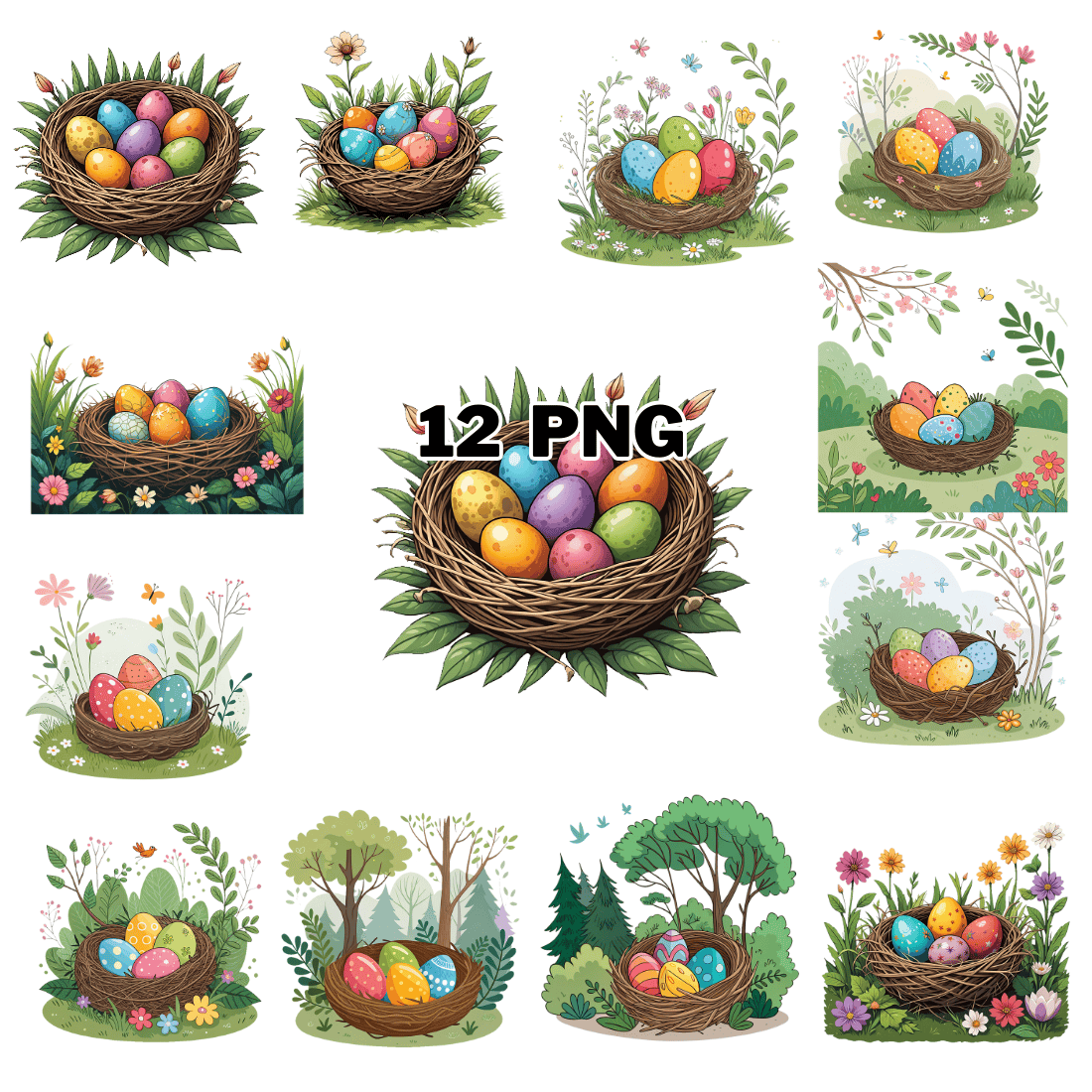 Colorful Eggs in a Nest Sublimation Clipart Bundle cover image.