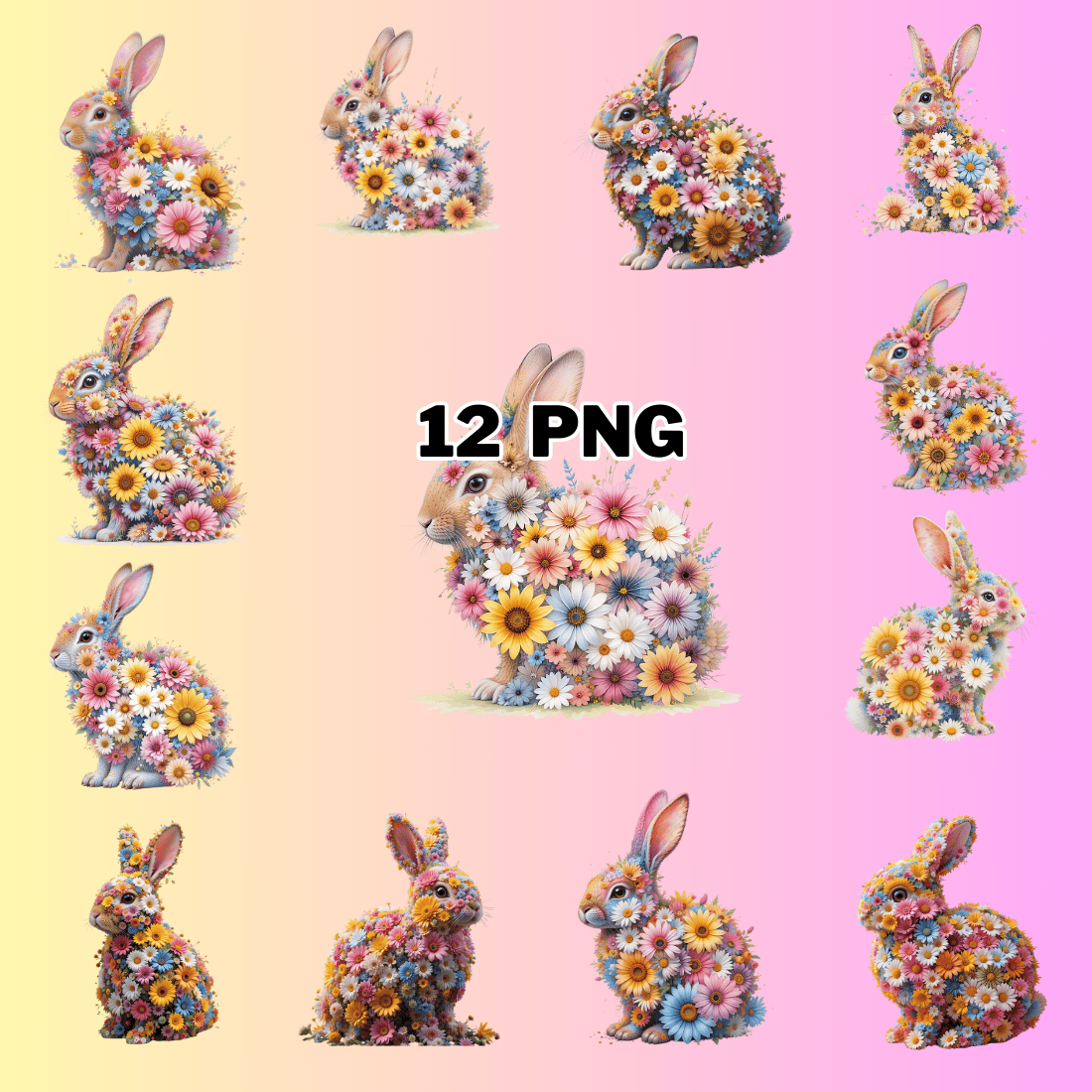 Floral Bunnies Sublimation Clipart Bundle preview image.