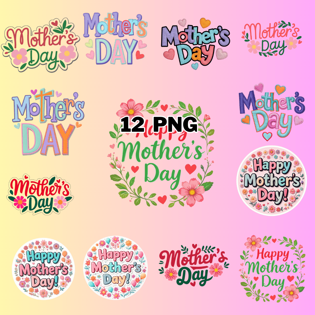 Colorful Mother's Day Typography Sublimation Clipart Bundle preview image.