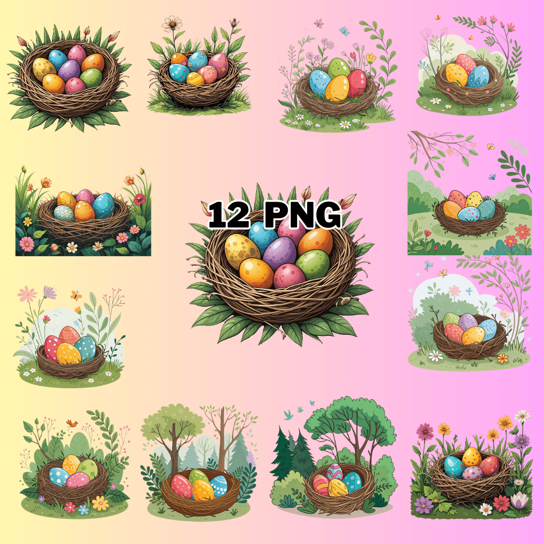 Colorful Eggs in a Nest Sublimation Clipart Bundle preview image.