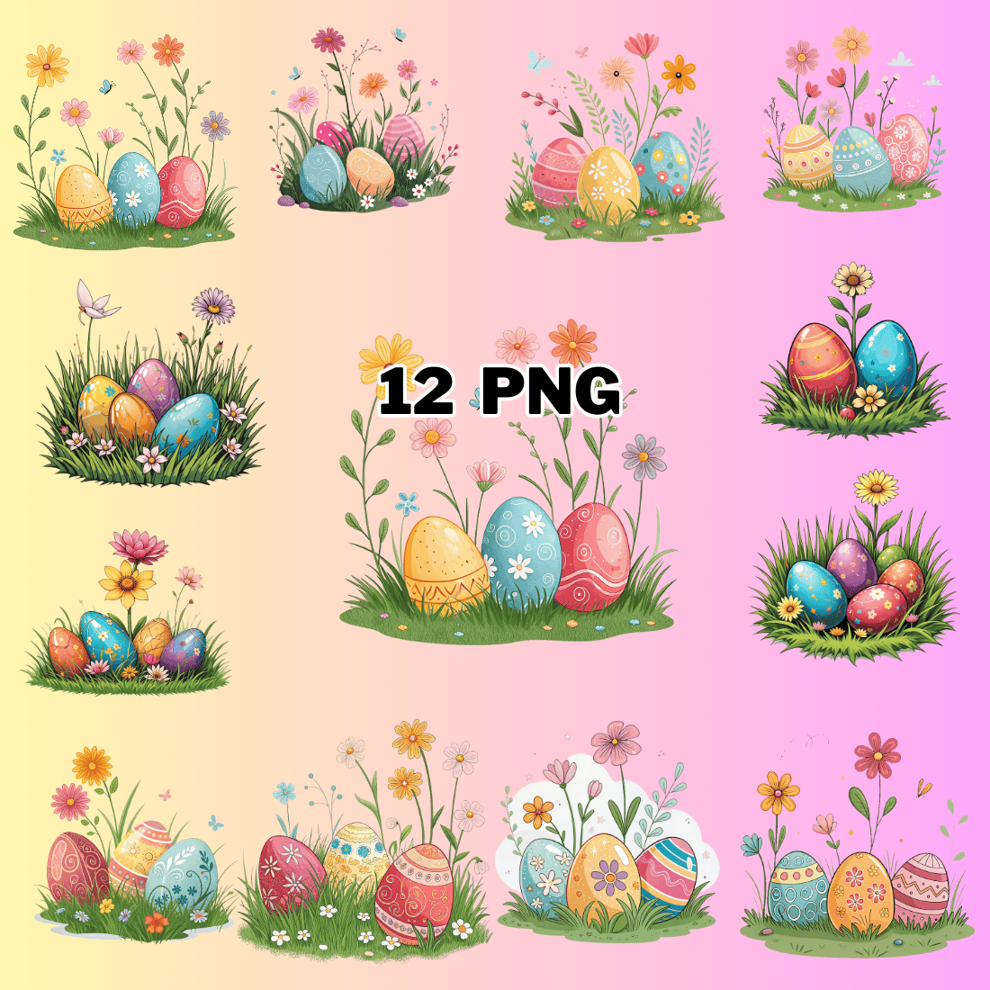 Colorful Eggs and Flower on Grass Sublimation Clipart Bundle preview image.