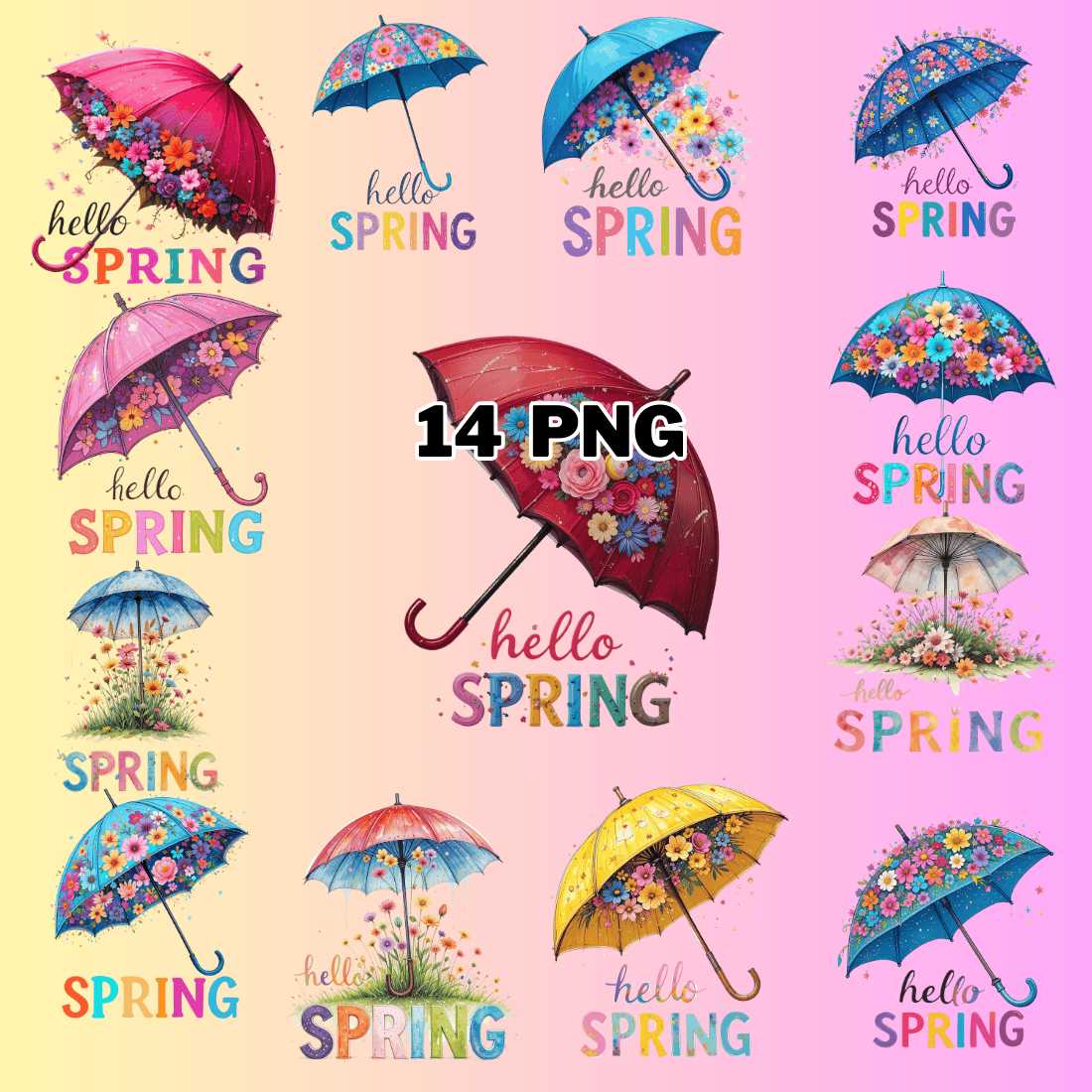 Watercolor Spring Umbrella Sublimation Clipart Bundle preview image.