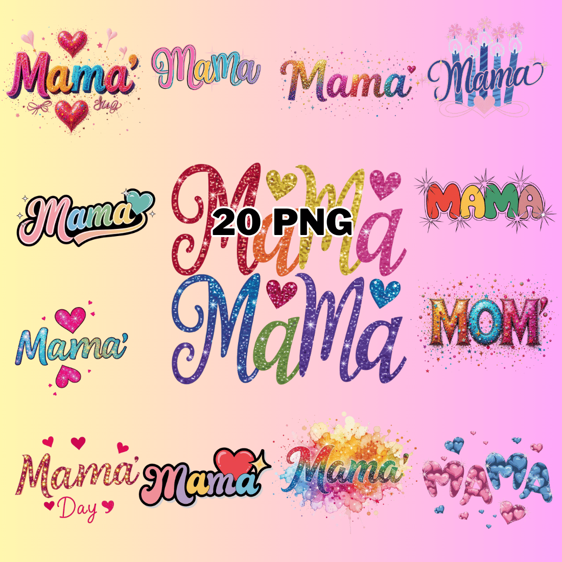 Colorful "Mama" Typography Sublimation Clipart Bundle preview image.