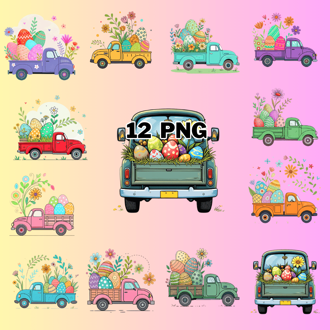 Colorful Eggs and Flower in a Truck Sublimation Clipart Bundle preview image.