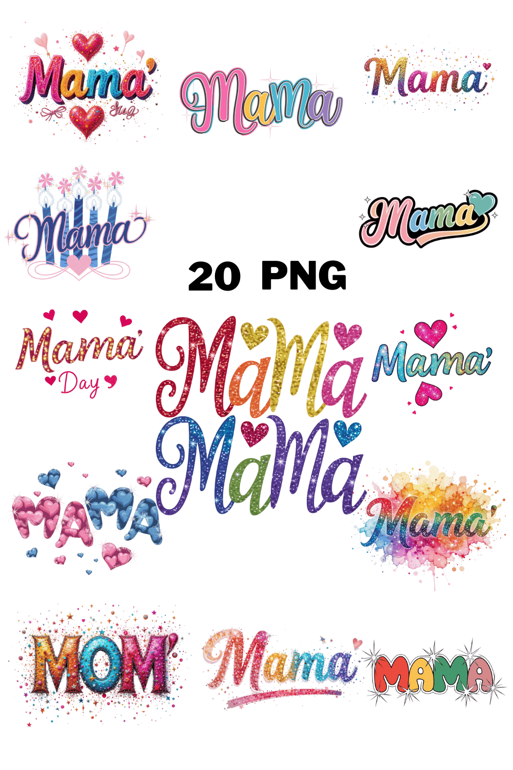 Colorful "Mama" Typography Sublimation Clipart Bundle pinterest preview image.