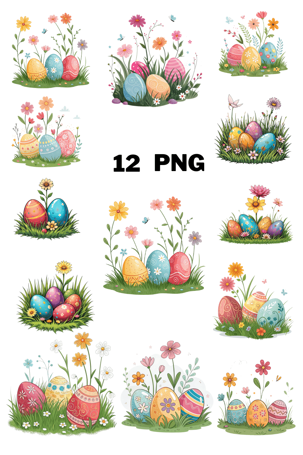 Colorful Eggs and Flower on Grass Sublimation Clipart Bundle pinterest preview image.