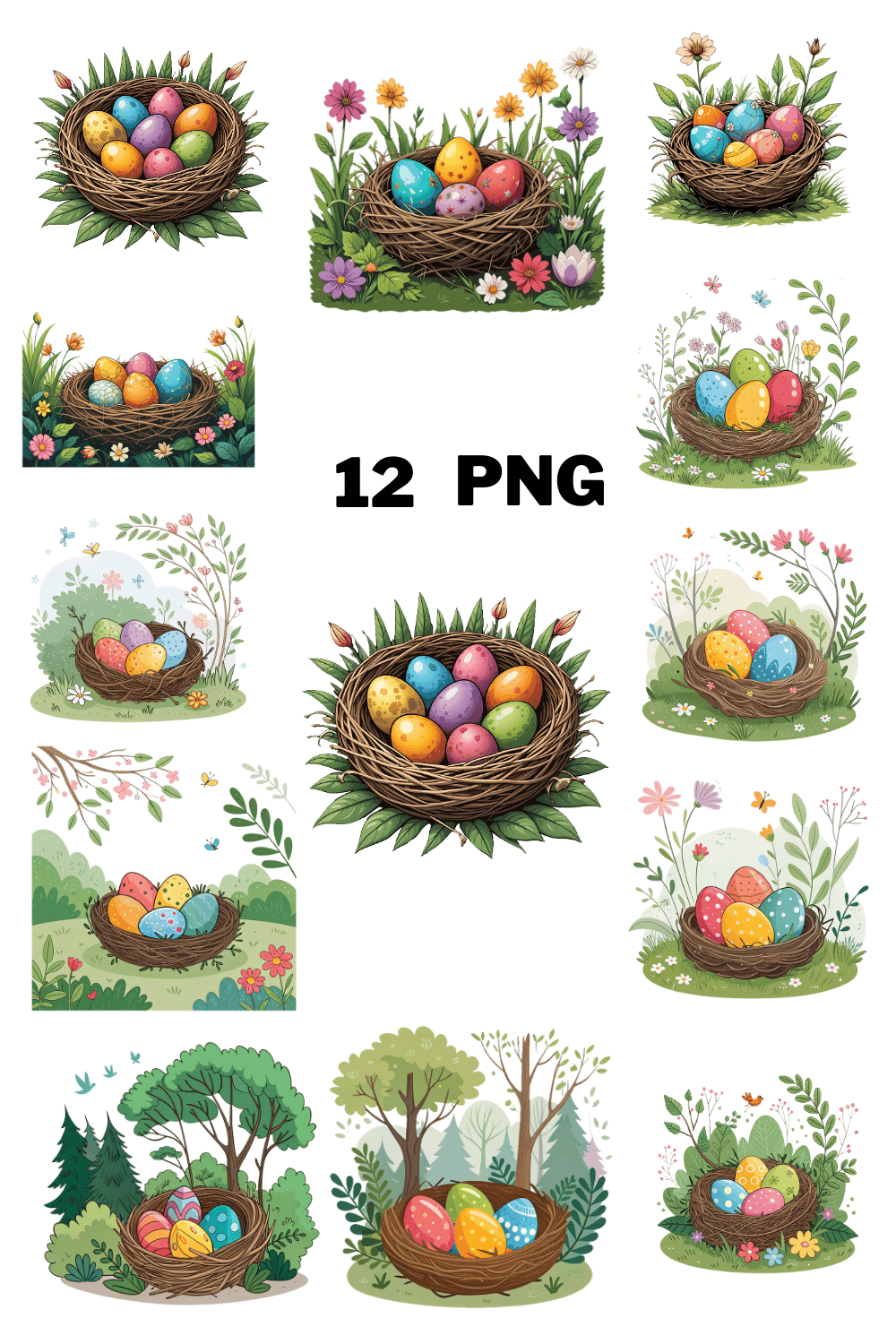 Colorful Eggs in a Nest Sublimation Clipart Bundle pinterest preview image.