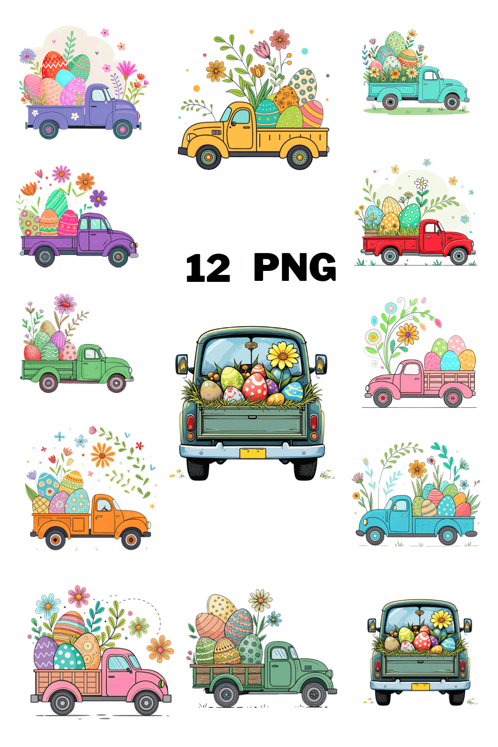 Colorful Eggs and Flower in a Truck Sublimation Clipart Bundle pinterest preview image.