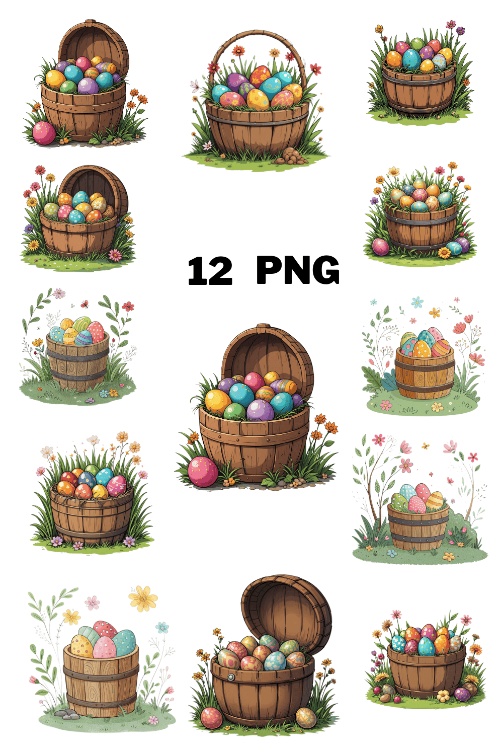 Colorful Eggs in Wooden Barrel in Garden Sublimation Clipart Bundle pinterest preview image.