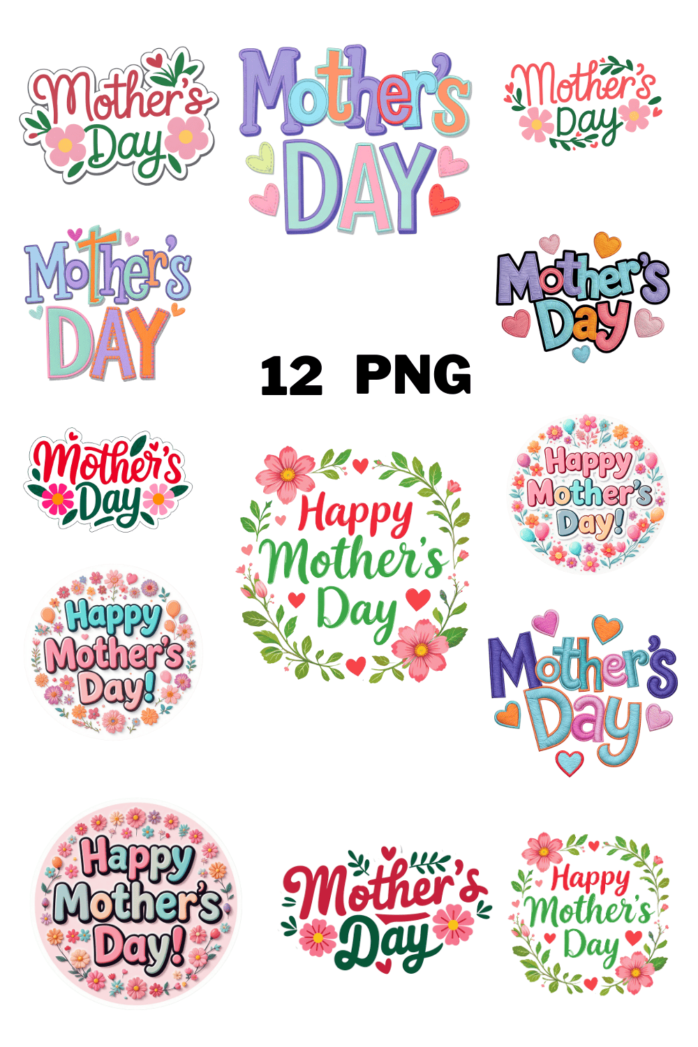 Colorful Mother's Day Typography Sublimation Clipart Bundle pinterest preview image.