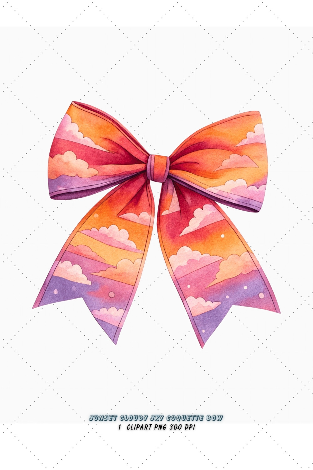 Sunset Cloudy Sky Coquette Bow Clipart, sunset cloudy bow, sky coquette bow, warm bow design, cloudy sky clipart, digital bow design, vibrant sunset bow, sky bow art, sunset warm design, coquette bow art, sky sublimation design, pinterest preview image.