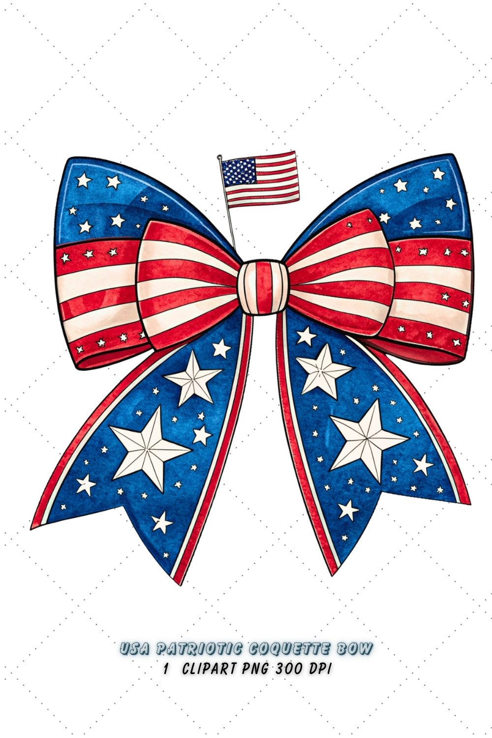 USA Patriotic Coquette Bow Clipart, USA patriotic bow, coquette bow clipart, flag theme bow, patriotic design art, digital bow design, stars and stripes, freedom bow art, USA flag design, coquette bow art, patriotic sublimation design pinterest preview image.