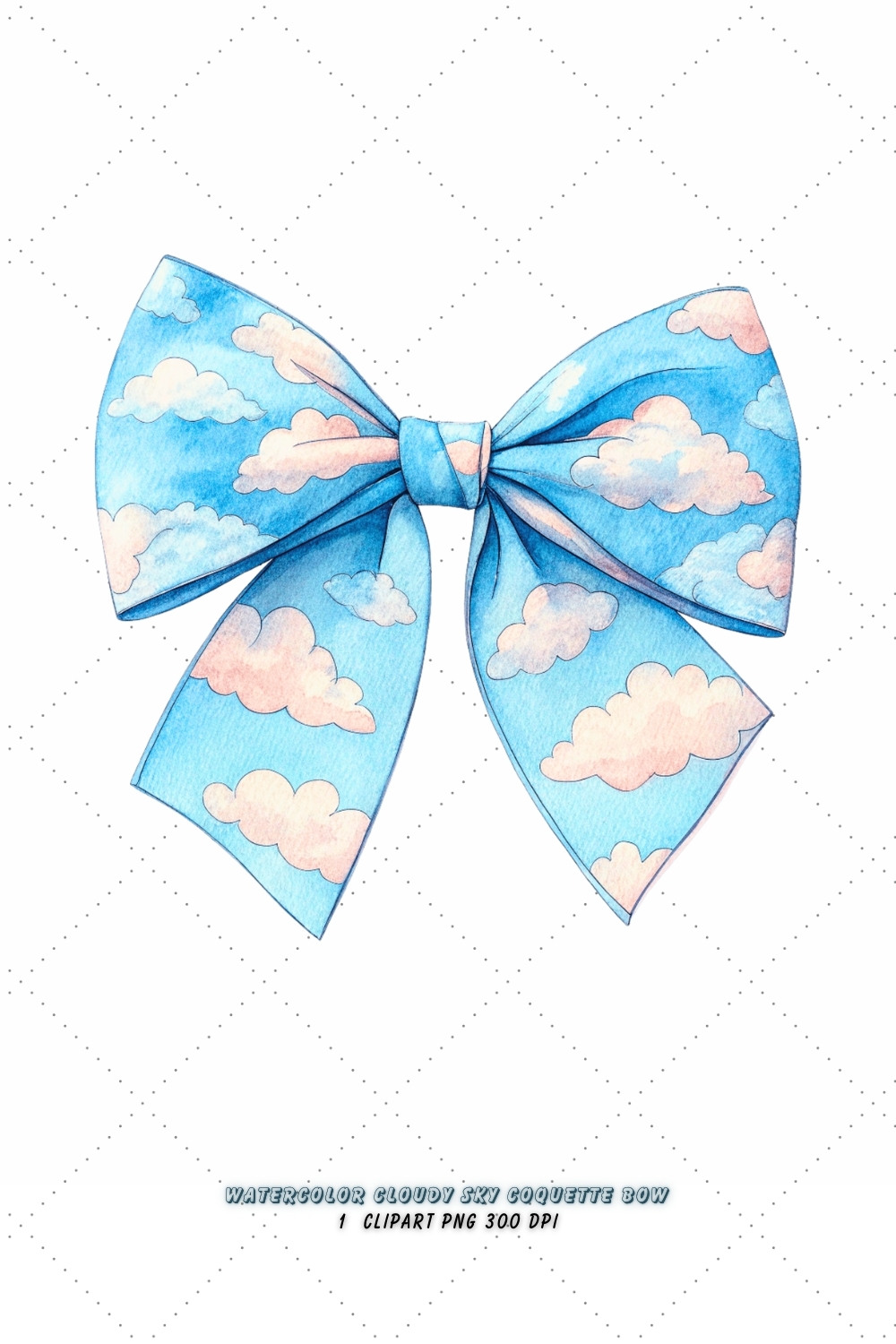 Watercolor Cloudy Sky Coquette Bow Clipart, watercolor cloudy bow, sky coquette bow, artistic bow design, cloudy sky clipart, digital bow design, blended watercolor bow, sky bow art, watercolor artistic design, coquette bow art, sky sublimation design pinterest preview image.