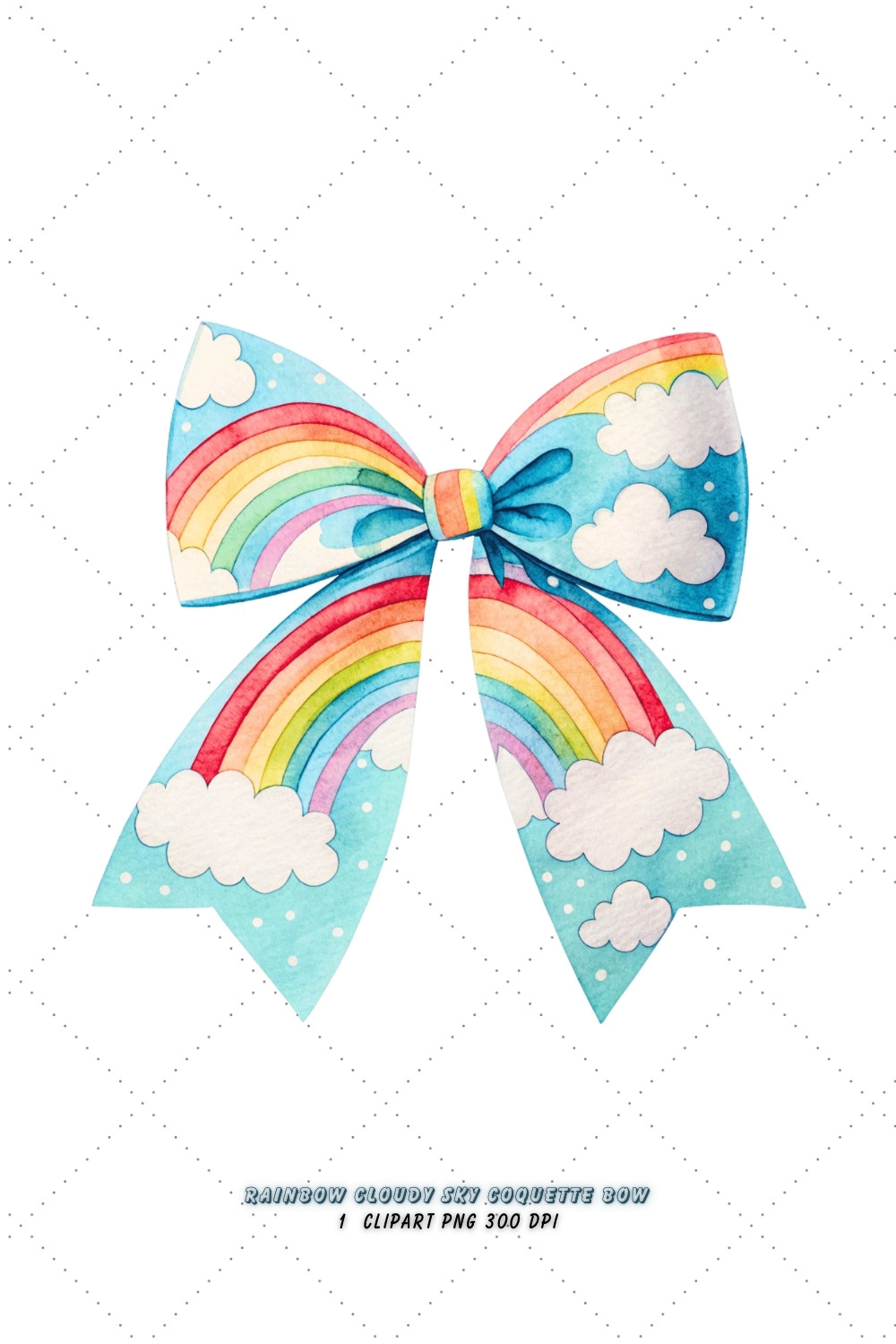 Rainbow Cloudy Sky Coquette Bow Clipart, rainbow cloudy bow, sky coquette bow, cheerful bow design, cloudy sky clipart, digital bow design, vibrant rainbow bow, sky bow art, rainbow cheerful design, coquette bow art, sky sublimation design, pinterest preview image.