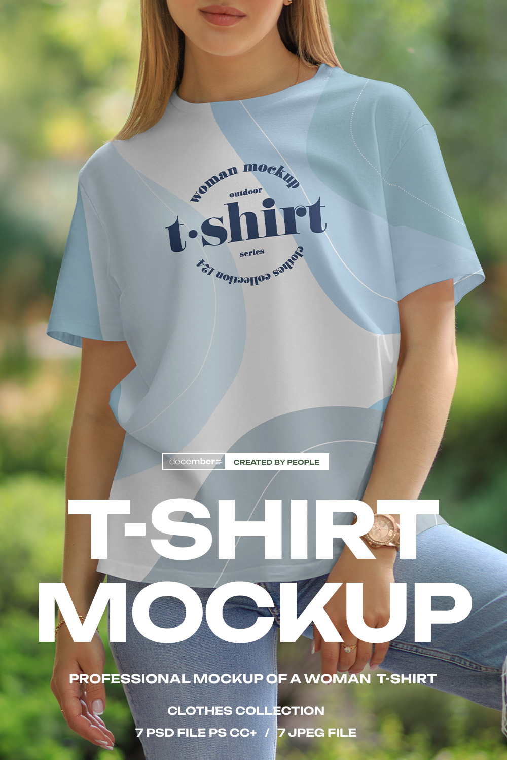 7 Mockups T-Shirt on a Girl Walking in the Outdoor vol 06 pinterest preview image.