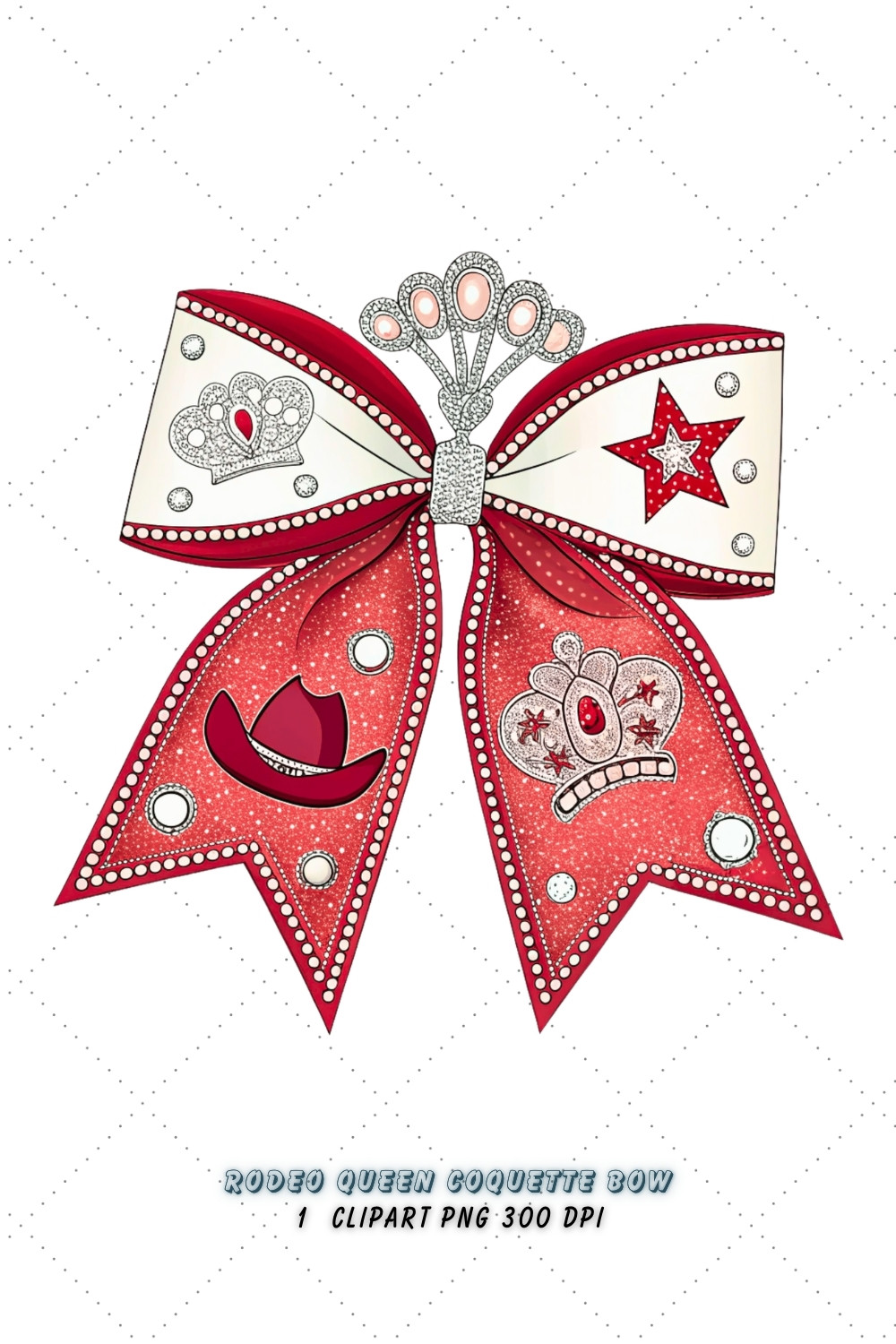 Rodeo Queen Coquette Bow Clipart, rodeo queen bow, coquette bow clipart, western glam bow, queen design art, digital bow design, sparkle rodeo bow, glam bow art, western design clipart, coquette bow art, queen sublimation design pinterest preview image.