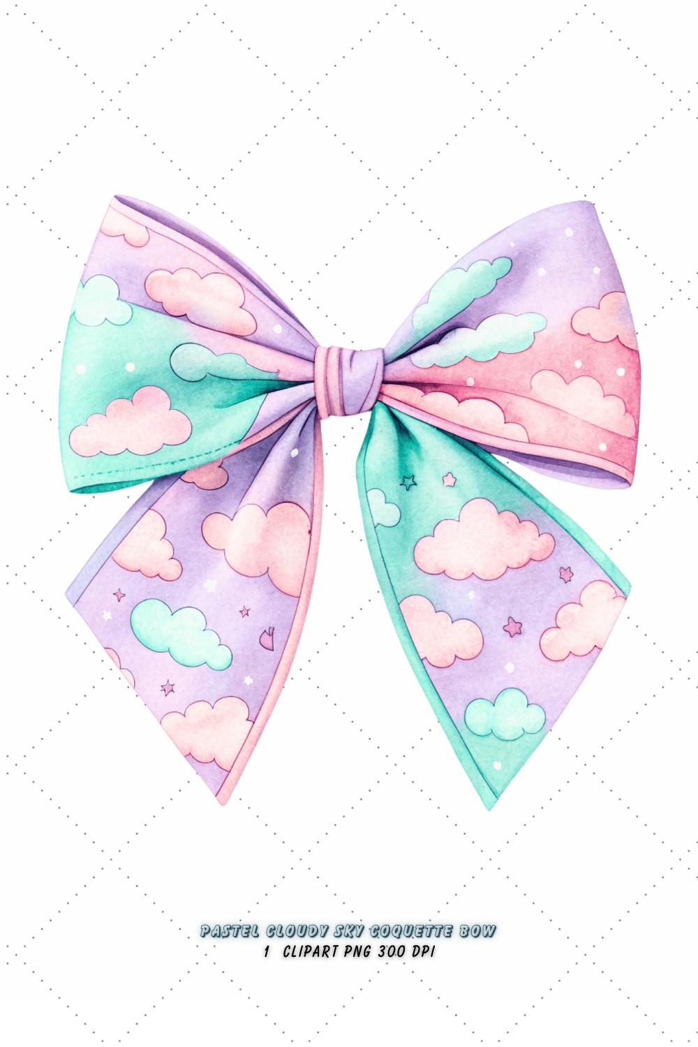 Pastel Cloudy Sky Coquette Bow Clipart, pastel cloudy bow, sky coquette bow, whimsical bow design, cloudy sky clipart, digital bow design, delicate pastel bow, sky bow art, pastel whimsical design, coquette bow art, sky sublimation design pinterest preview image.