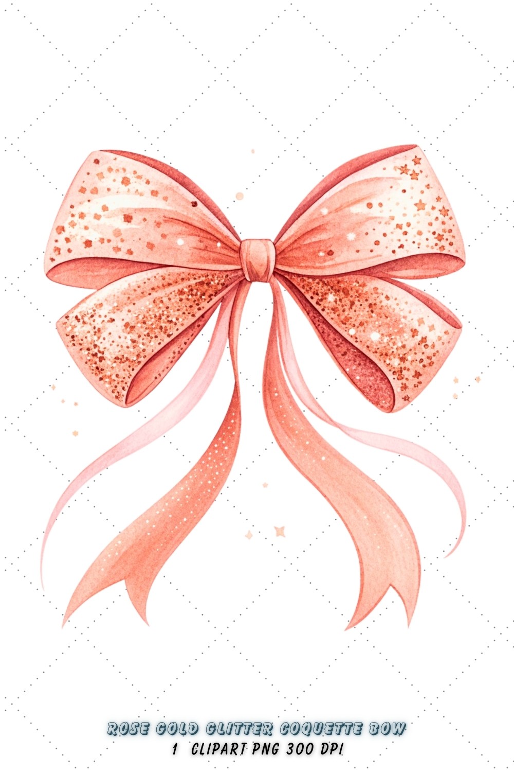 Rose Gold Glitter Coquette Bow Clipart, rose gold bow, glitter coquette bow, romantic bow design, gold glitter clipart, digital bow design, feminine rose bow, glitter bow art, rose glitter design, coquette bow art, gold sublimation design pinterest preview image.