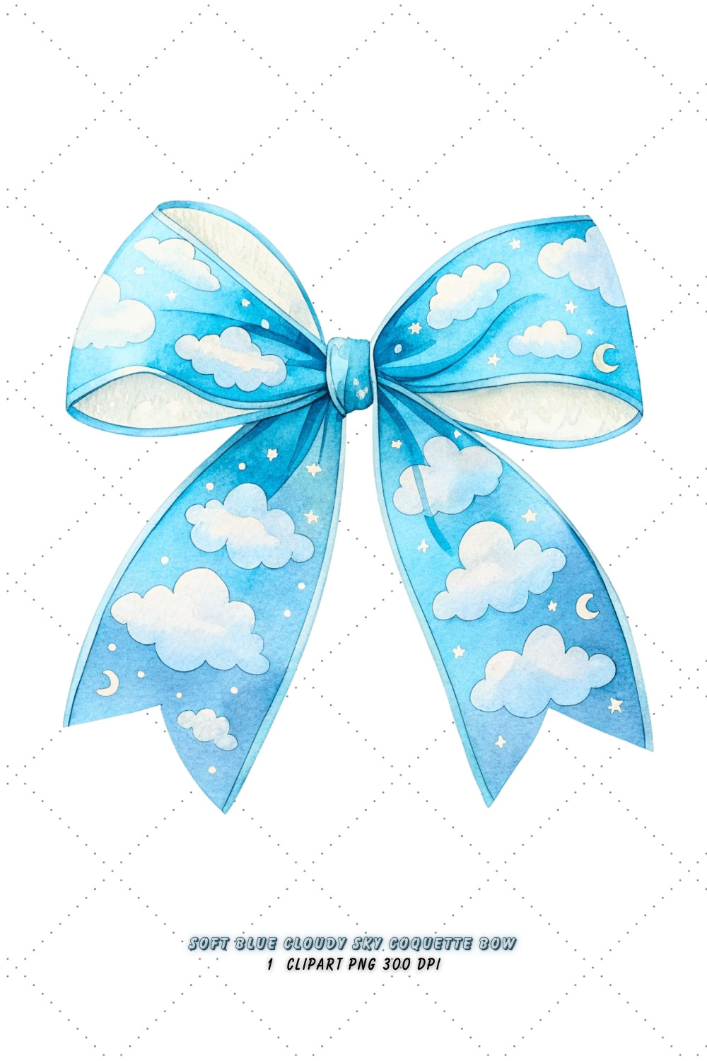 Soft Blue Cloudy Sky Coquette Bow Clipart, soft blue bow, cloudy sky bow, dreamy bow design, blue sky clipart, digital bow design, soft cloudy bow, sky bow art, blue dreamy design, coquette bow art, sky sublimation design pinterest preview image.