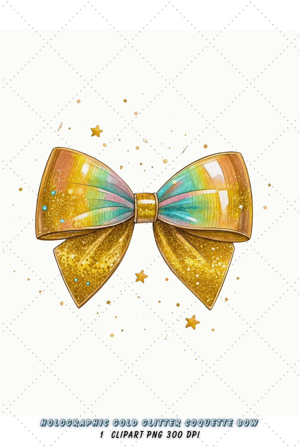 Holographic Gold Glitter Coquette Bow Clipart, olographic gold bow, glitter coquette bow, iridescent bow design, gold glitter clipart, digital bow design, futuristic holographic bow, glitter bow art, holographic glitter design, coquette bow art, gold sublimation design pinterest preview image.