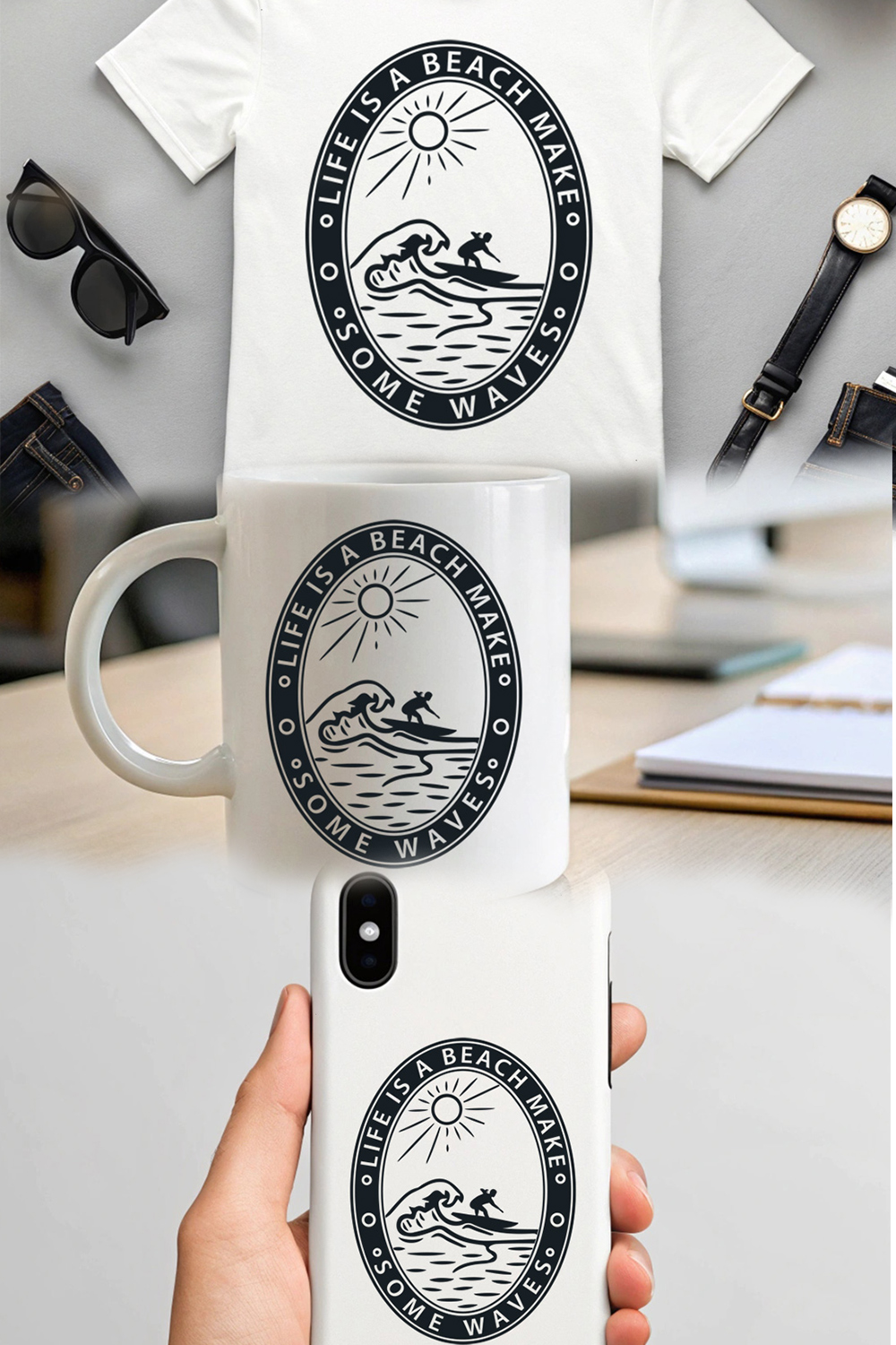 Vintage surfing quote design for t-shirts, mugs, and stickers Summer beach t shirt design pinterest preview image.