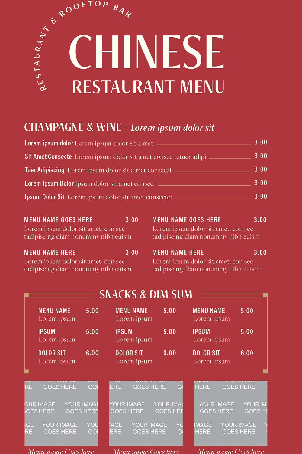 Premium Chinese Restaurant Menu Design in Red and Gold pinterest preview image.