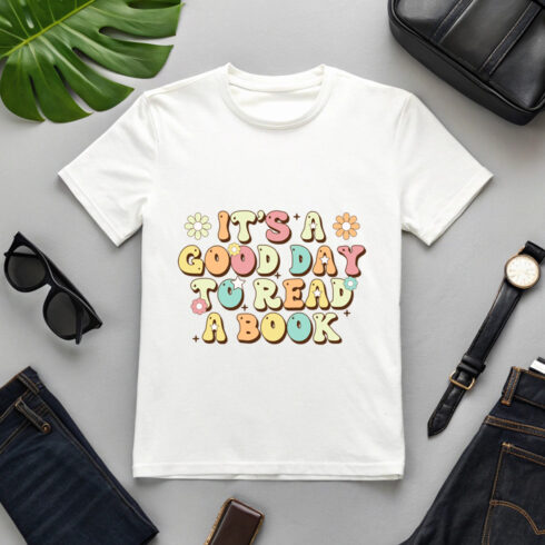 retro book lover t-shirt design with colorful groovy typography and cute flowers reading t shirt design cover image.