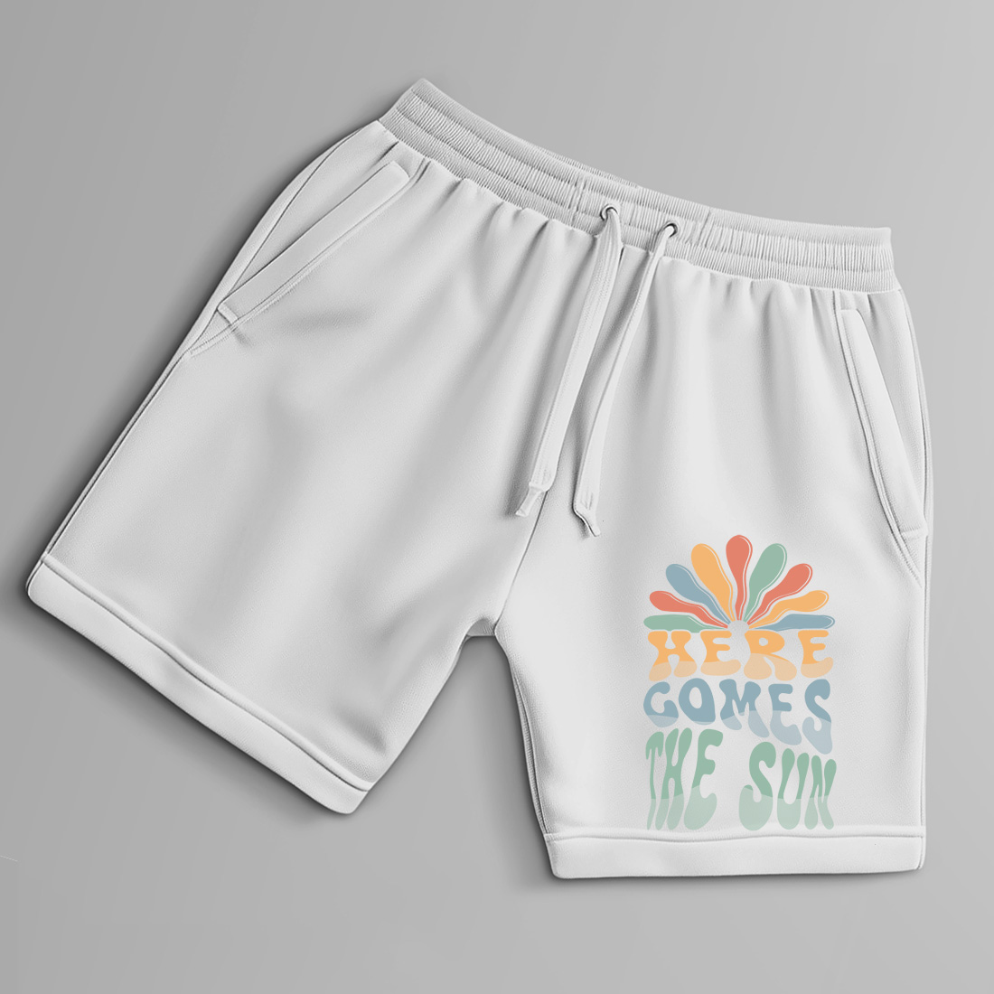 retro groovy here comes the sun typography design for t shirts and merchandise. summer t shirt design. 9 with shorts mock up 877