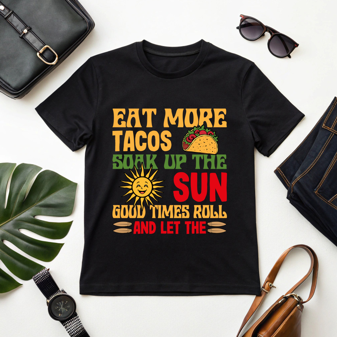 retro taco and sunshine graphic t-shirt design for summer vibes Summer beach t shirt design cover image.