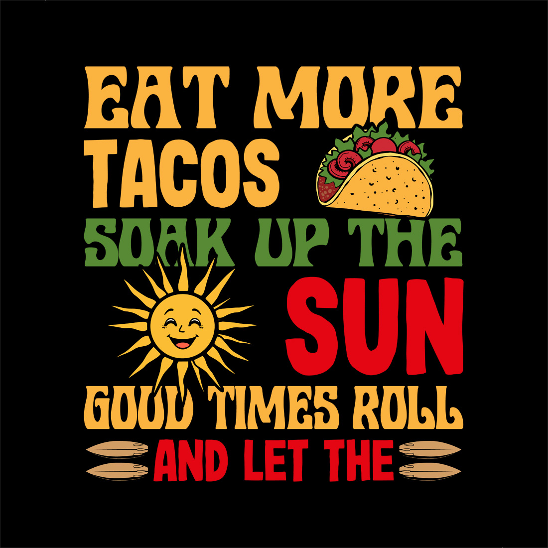 retro taco and sunshine graphic t-shirt design for summer vibes Summer beach t shirt design preview image.