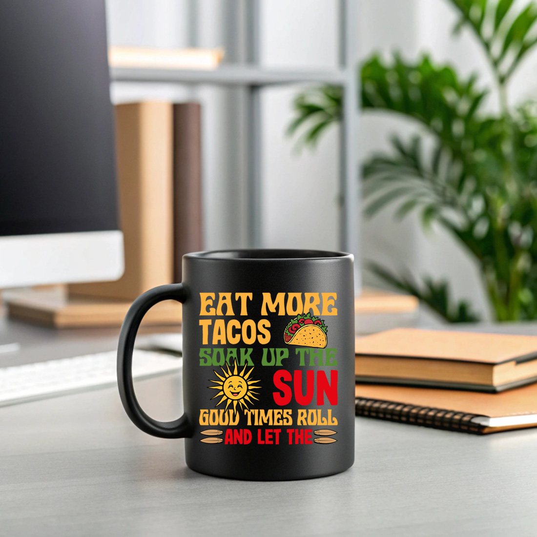 retro taco and sunshine graphic t shirt design for summer vibes. summer beach t shirt design 2 black mug mock up 370