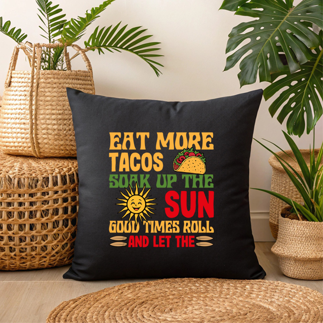 retro taco and sunshine graphic t shirt design for summer vibes. summer beach t shirt design 3 black pillow mock up 762