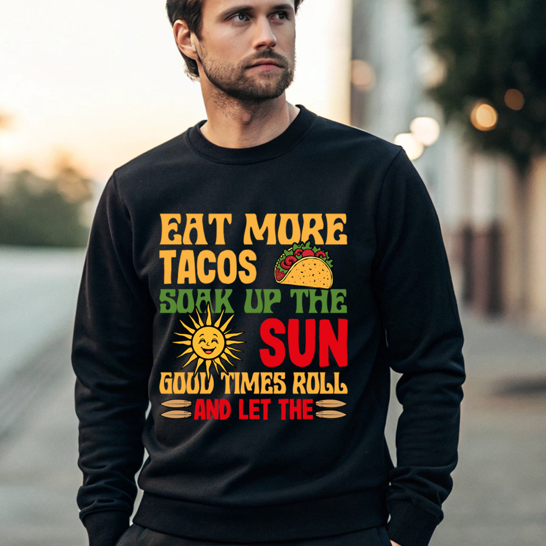 retro taco and sunshine graphic t shirt design for summer vibes. summer beach t shirt design 4 black male sweatshirt mock up 134