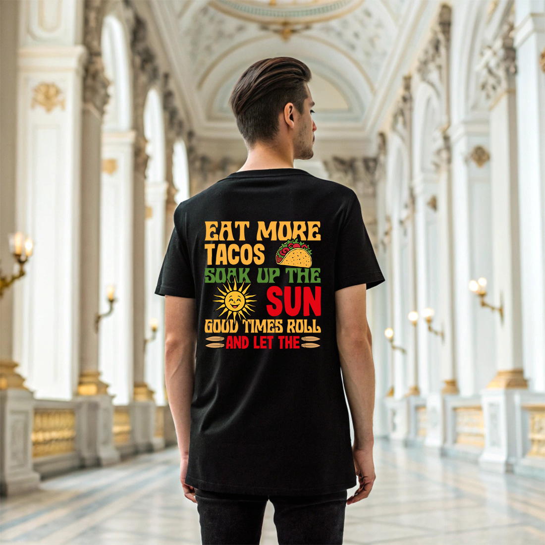 retro taco and sunshine graphic t shirt design for summer vibes. summer beach t shirt design 6 black t shirt mock up 95