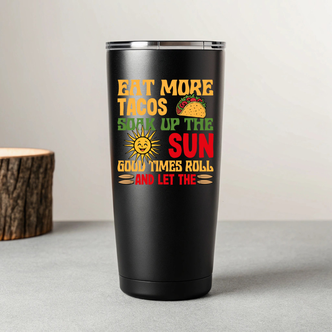 retro taco and sunshine graphic t shirt design for summer vibes. summer beach t shirt design 8 black tumblers mockup 178