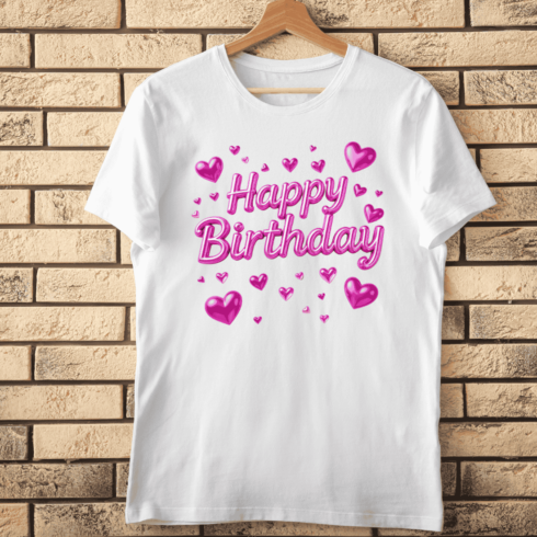 3D Happy Birthday with Pink Love Hearts T-Shirt Design cover image.