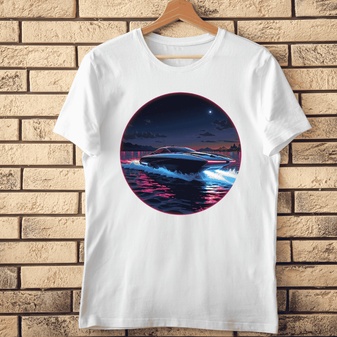 Neon Speedboat on Water with Abstract Lines T-Shirt Design cover image.