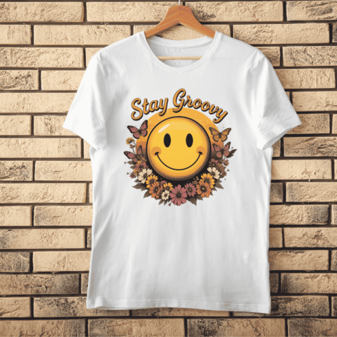 Retro Stay Groovy Smiley T-Shirt Design cover image.