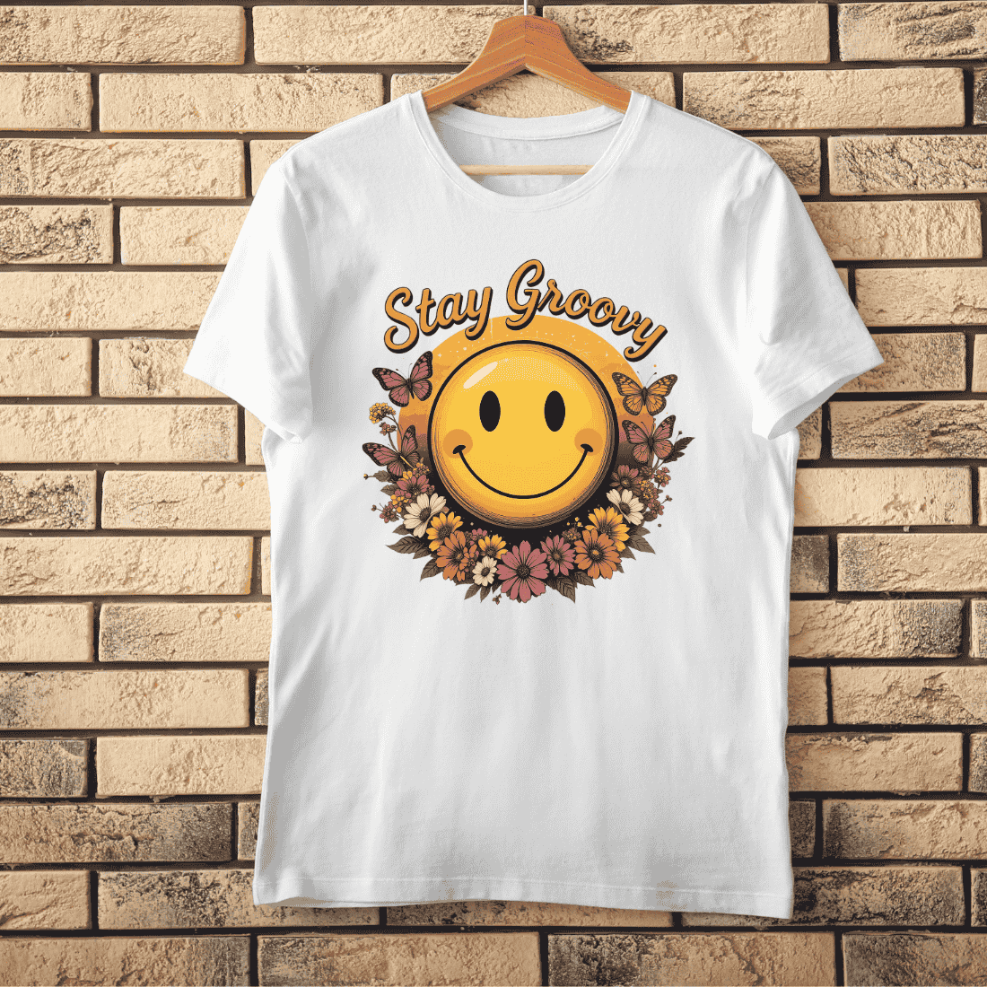 Retro Stay Groovy Smiley T-Shirt Design cover image.